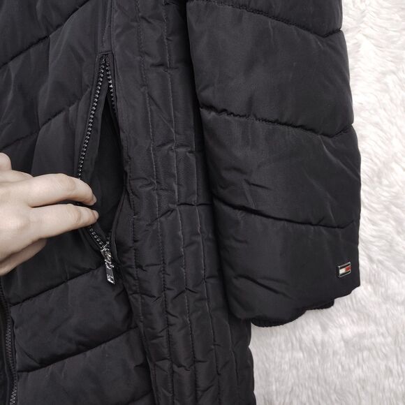 Tommy Hilfiger Women’s Long Puffer Coat Jacket Black Faux Fur Hood Size L - Picture 2 of 12